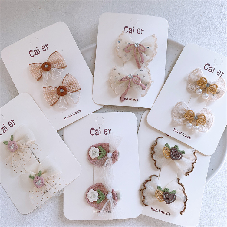 甜美儿童蕾丝刺绣花朵蝴蝶结发夹女童侧边刘海夹宝宝对装发卡头饰