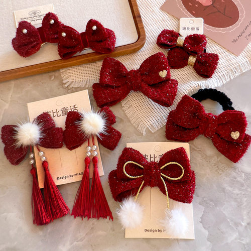 韩版安哥拉红大蝴蝶结儿童发饰女童高级感发夹公主马尾发卡头饰