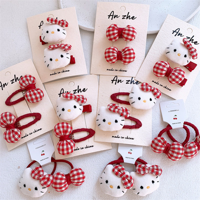 儿童卡通毛绒猫咪发夹发圈红色格子蝴蝶结BB夹女童扎头发皮筋头绳