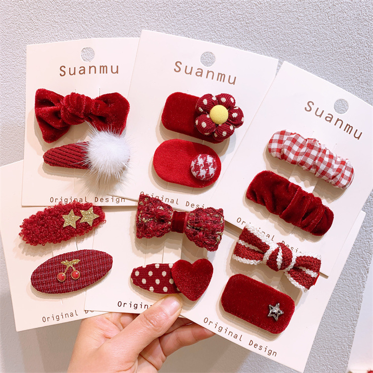 秋冬儿童新年酒红色蝴蝶结发夹女童花朵碎发BB夹刘海侧边夹子发卡