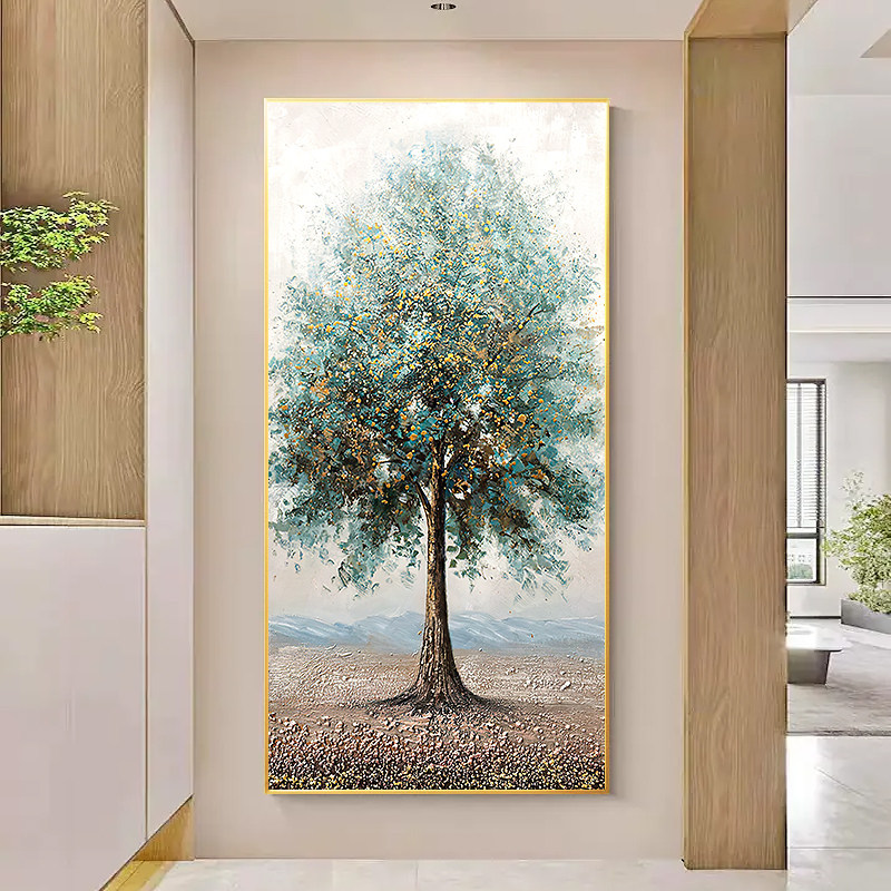 发财树入户玄关装饰画竖幅手绘油画现代抽象客厅落地走廊过道挂画