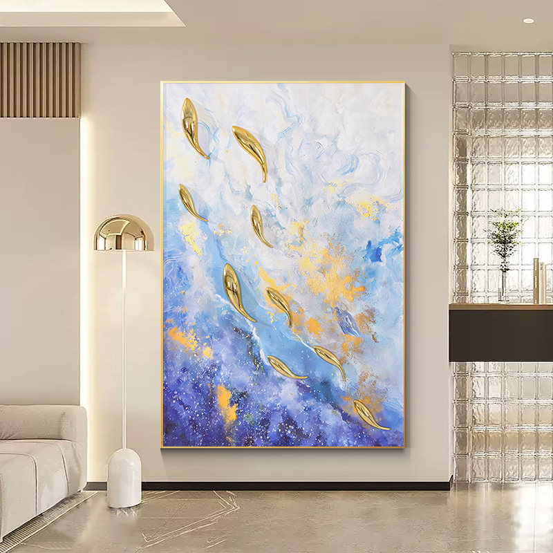 现代轻奢九鱼图入户玄关装饰画高级感蓝色立体壁画走廊过道墙挂画