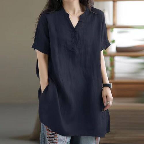 棉麻短袖女2026新款夏季薄款亚麻衬衣休闲中长款减龄洋气上衣2357