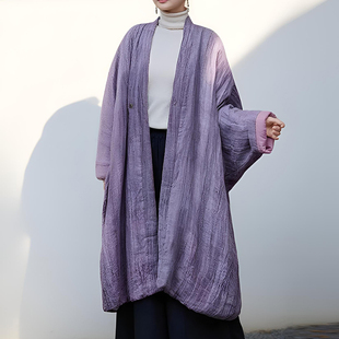 夹棉苎麻棉复古风香芋紫棉服女冬季改良新中式宽松保暖长款棉袍子