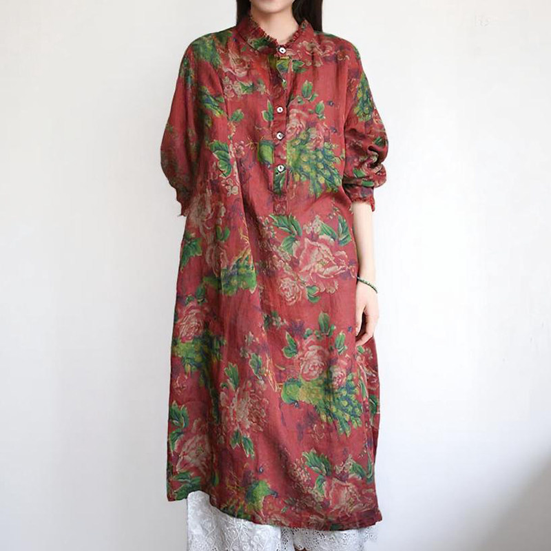 春秋季原创设计宽松大码长袖高支苎麻印花文艺中长款衬衫连衣裙