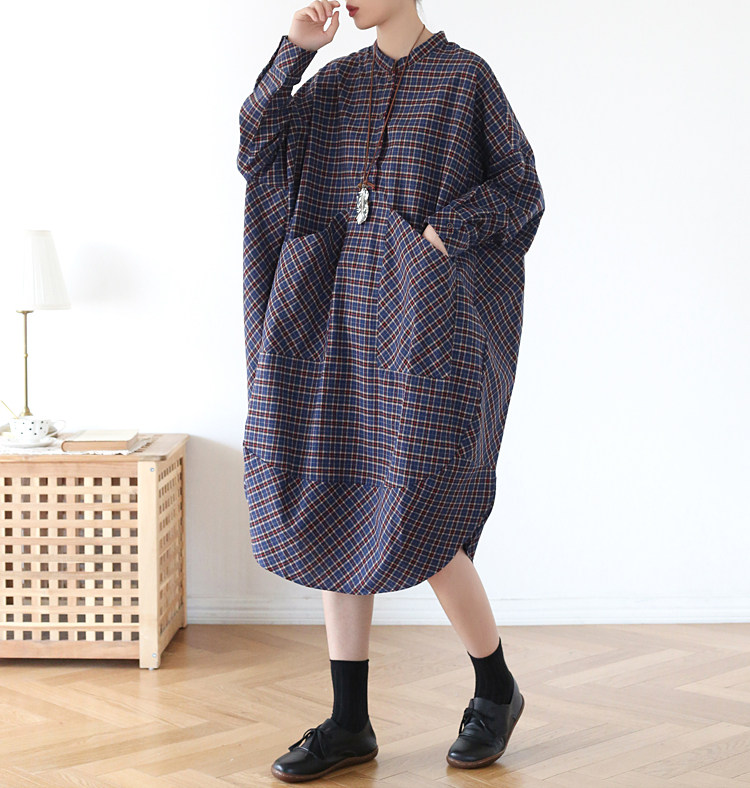桉慕图2020春季文艺小清新格子茧型宽松加大码大口袋衬衫连衣裙子