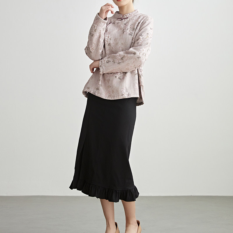 冬季新中式复古亚麻印花盘扣加绒加厚上衣女设计感中式改良衬衫