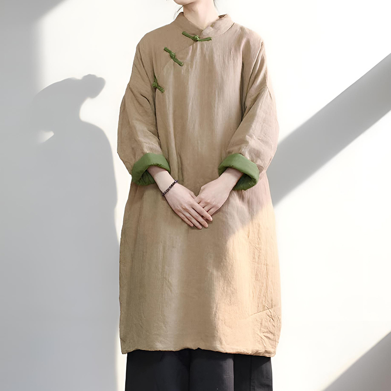 新中式冬季文艺国风中式手工盘扣棉衣女复古苎麻长款棉袍保暖棉服