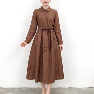 棕色气质裙 连衣裙女中长款 春季 文艺清新纯亚麻复古风系带收腰衬衫