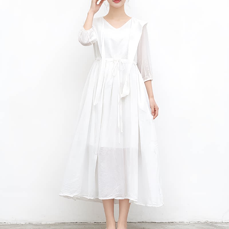 linen dress棉麻连帽轻熟简约风白色连衣裙女长袖V领收腰气质长裙