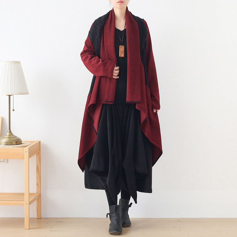 25秋冬季新款宽松大码假两件文艺复古拼色针织棉麻毛线中长款外套