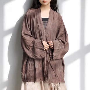 春季新款肌理苎麻毛边宽松大码文艺新中式小清新绑带外套长款风衣
