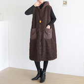 2025秋冬大码 做旧休闲连帽毛绒加厚马甲女 高腰棉拼接外套时尚