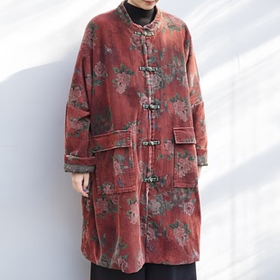 灯芯绒夹棉中国风立领盘扣棉衣女中长款宽松花色保暖棉服红色