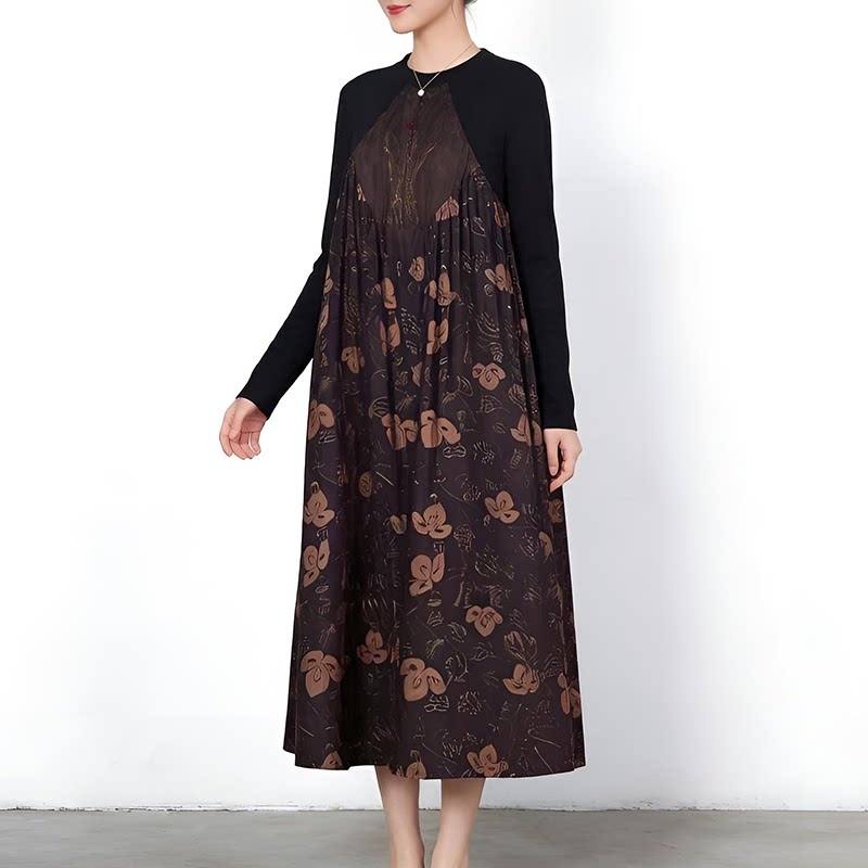 春秋季新款新中式文艺复古拼接印花连衣裙女长袖修身显瘦气质长裙