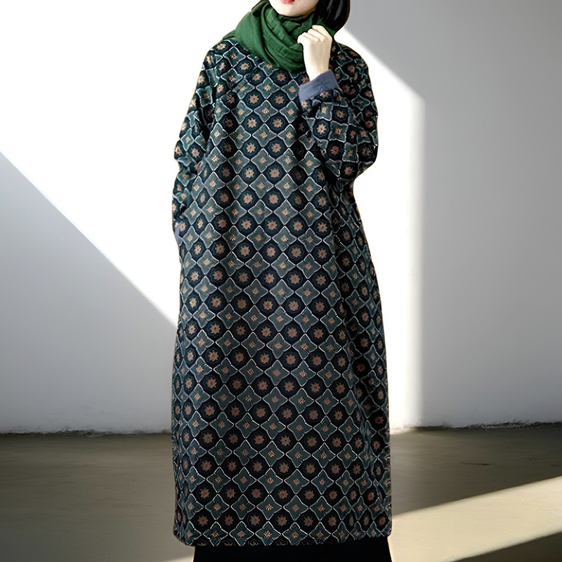 冬季夹棉新中式文艺国风斜襟棉衣女宽松茧型长款民族风棉袄棉袍子