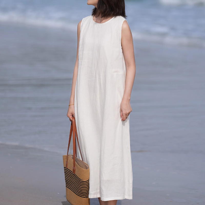 文艺小清新高端亚麻无袖连衣裙