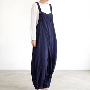深蓝色 女宽松显瘦阔腿长裤 春季 文艺亚麻通勤简约风高腰背带连体裤