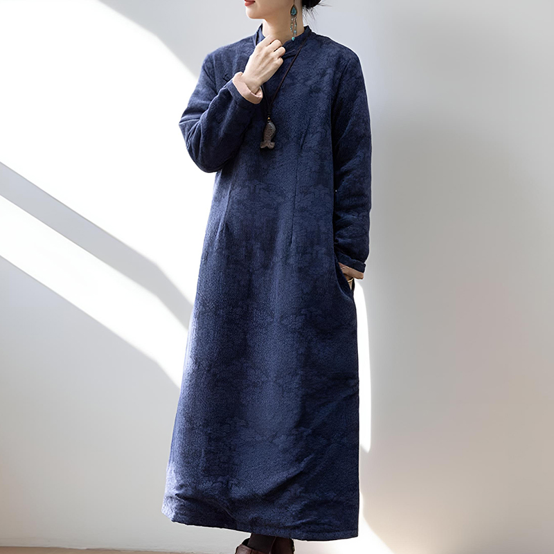 文艺复古新中式棉麻改良旗袍连衣裙秋冬季深蓝色长款保暖夹棉袍子