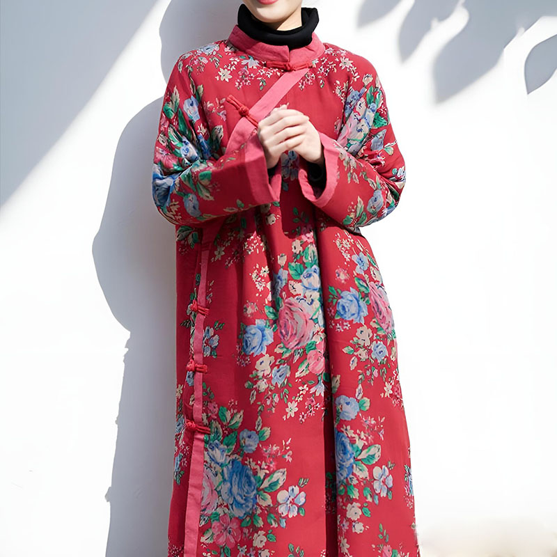 秋冬季新款夹棉棉麻女装文艺复古盘扣连衣裙中长款宽松民族风棉袍