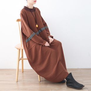 民族风宽松大码 原创设计复古女装 针织长连衣裙袍子 新款 25秋冬季