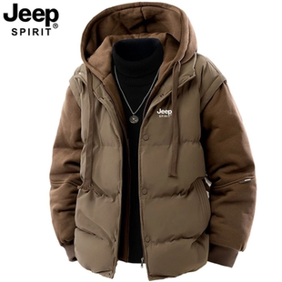 JEEP吉普专柜冬季纯色大码休闲假两件羽绒棉服外套男士连帽棉衣
