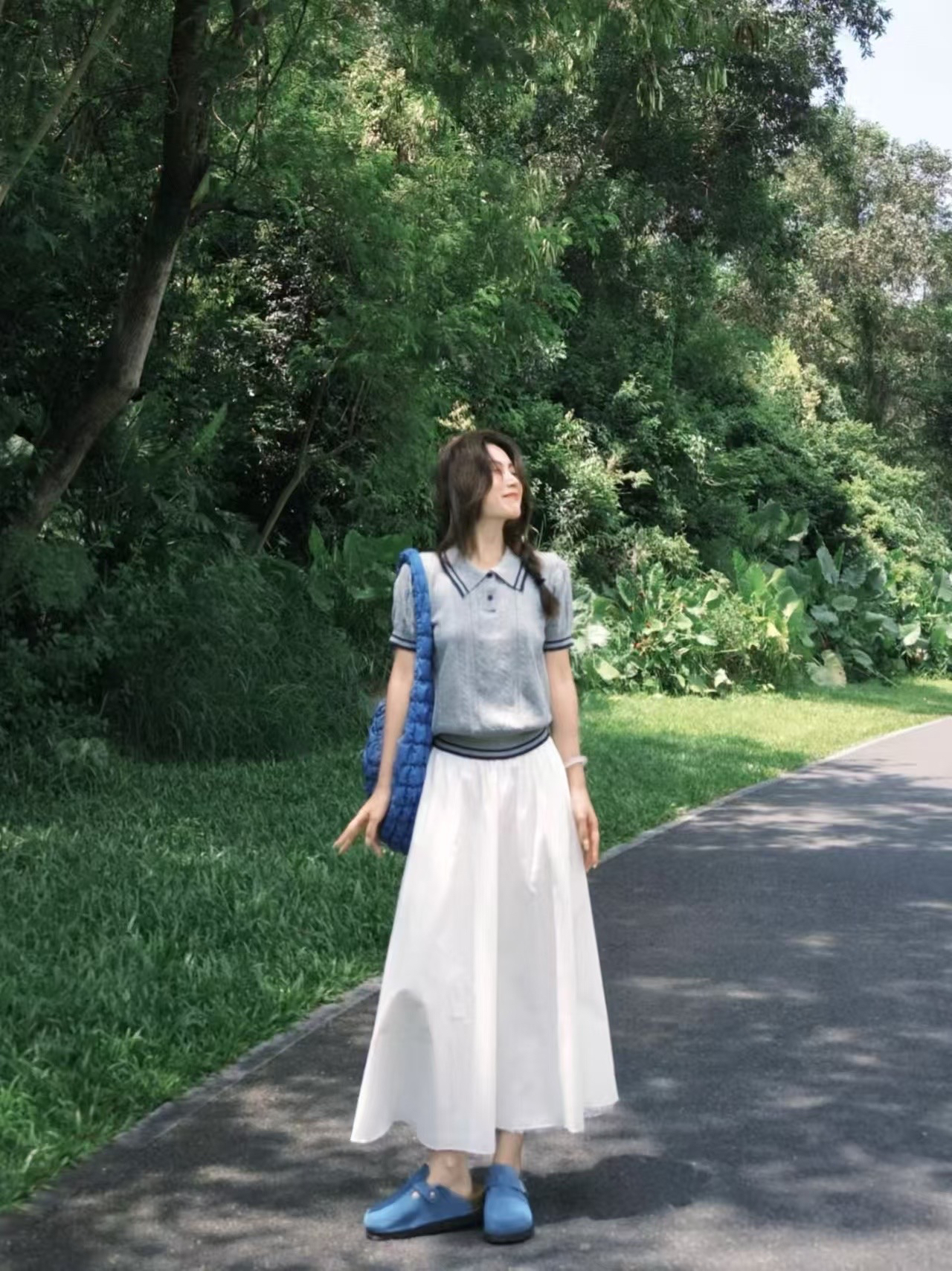 夏日ootd穿搭一整套女学院风灰色polo领短袖上衣长裙套装半身裙