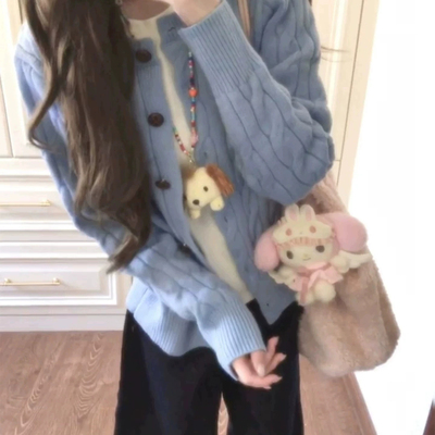 韩系蓝色麻花针织开衫女秋
