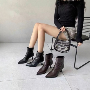 9220-8时尚秋冬新款英伦风尖头细跟短靴高跟时装靴后拉链加绒5cm