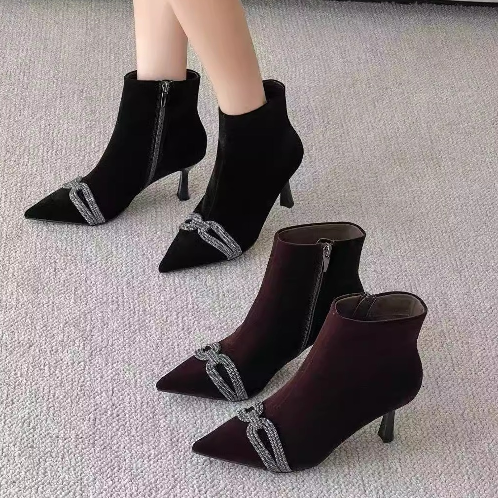 一代佳人3766尖头细跟短靴女水钻装饰高跟瘦瘦靴气质优雅时装靴