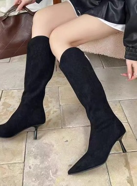 25213尖头细跟简约高筒长靴女冬季黑色瘦瘦靴性感百搭时装靴6公分