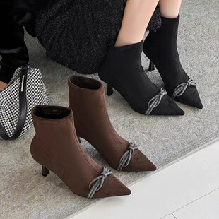 一代佳人26G3529冬季新款尖头细跟弹力短靴女蝴蝶结瘦瘦靴6公分