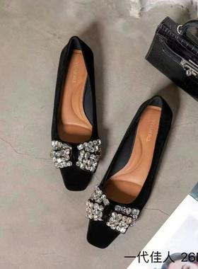 品牌撤柜26D095通勤浅口方头蝴蝶结方跟磨砂单鞋女舒适平底工作鞋