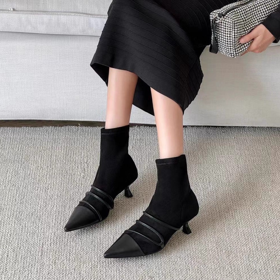 一代佳人26Q3622尖头细跟短靴女弹力舒适不累脚时装靴瘦瘦靴百搭