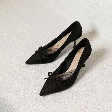 一代佳人26C1705网纱蝴蝶结设计感复古黑色高跟鞋女单鞋 6公分