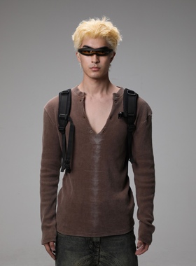 JohariWindow 秋季毛衣针织衫上衣修身v领套头纯色印花长袖t恤男