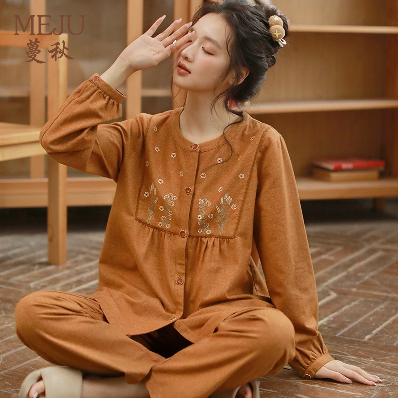 蔓秋MEJU秋冬季睡衣女纯棉磨毛高工刺绣女士圆领复古开衫家居服