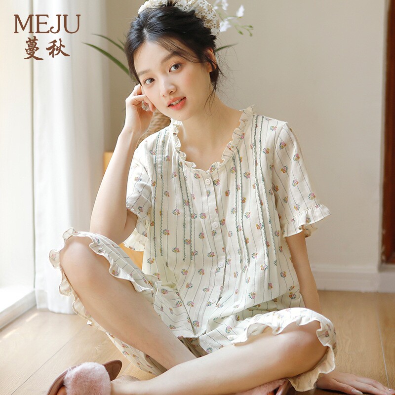 蔓秋MEJU短袖短裤睡衣女纯棉双层纱布甜美少女五分裤带胸垫家居服