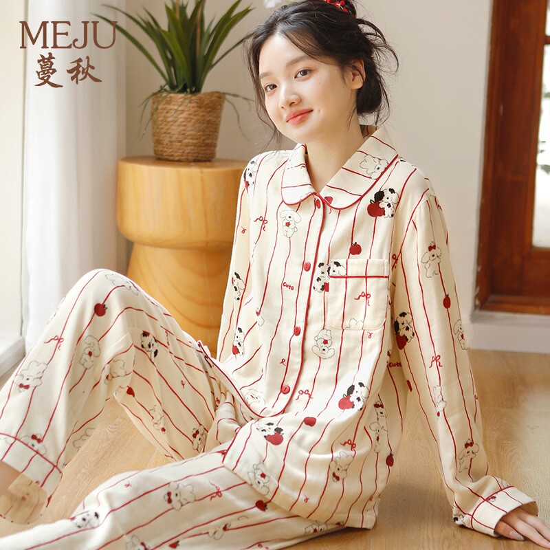 蔓秋MEJU女生长袖睡衣春秋纯棉三层纱布开衫娃娃领卡通家居服宽松