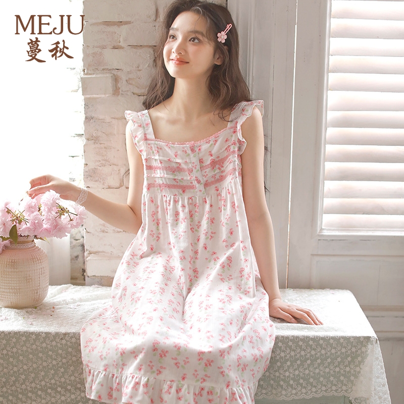 蔓秋meju睡裙吊带棉纱女碎花甜美薄背心睡衣小女生家居裙宽松清新