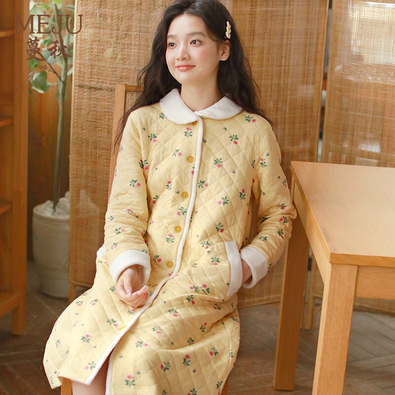 女保暖睡衣长袖开衫翻领夹棉睡裙