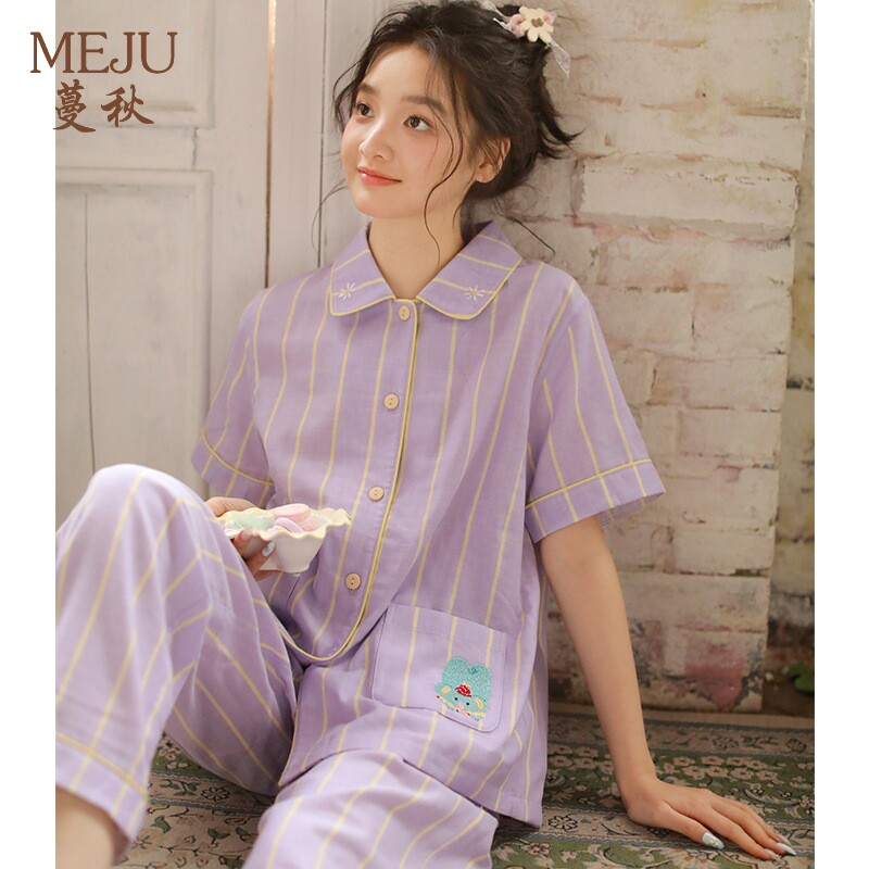 甜美多巴胺条纹睡衣女夏季纯棉