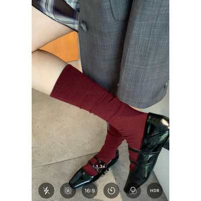 安可拉红袜子酒红色中长筒袜子女韩系学院风纯色堆堆袜小腿袜纯棉