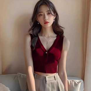 橘红色吊带2024针织新款无袖夏季背心泰式独特别致上衣绝美v领