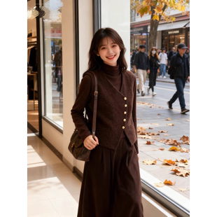 斜排扣针织马甲背心打底衫两件套2025V领马甲堆堆领叠穿上衣套装