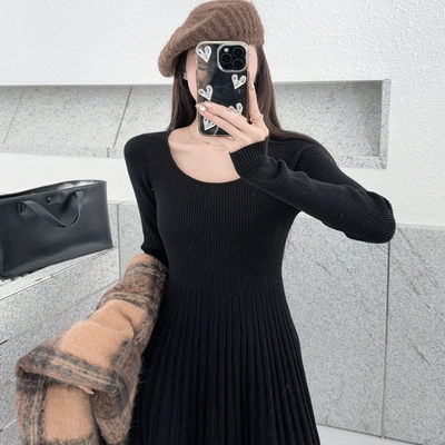 配大衣中长款针织连衣裙气质长裙高个子加长加厚显瘦长袖秋冬打底