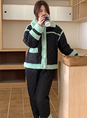 pink grape睡衣女士冬季三层夹棉加厚保暖珊瑚绒法兰绒家居服套装