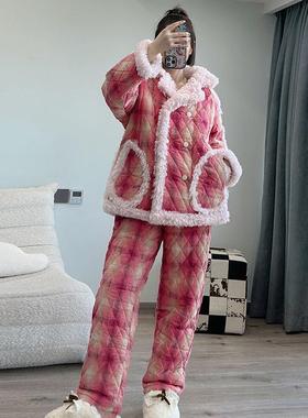 pink grape睡衣女冬季三层夹棉加厚保暖珊瑚绒可外穿法兰绒家居服