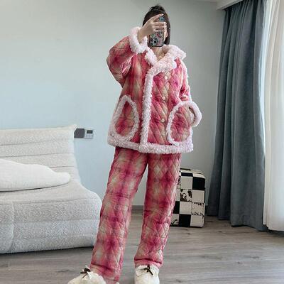 加厚三层格纹保暖外穿珊瑚绒睡衣