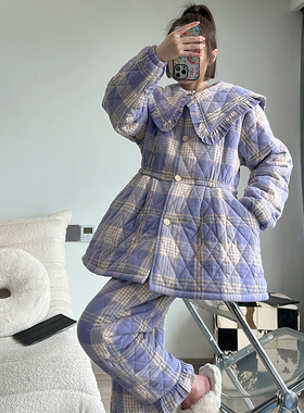 pink grape睡衣女士冬季加绒加厚法兰绒甜美保暖可外穿家居服套装